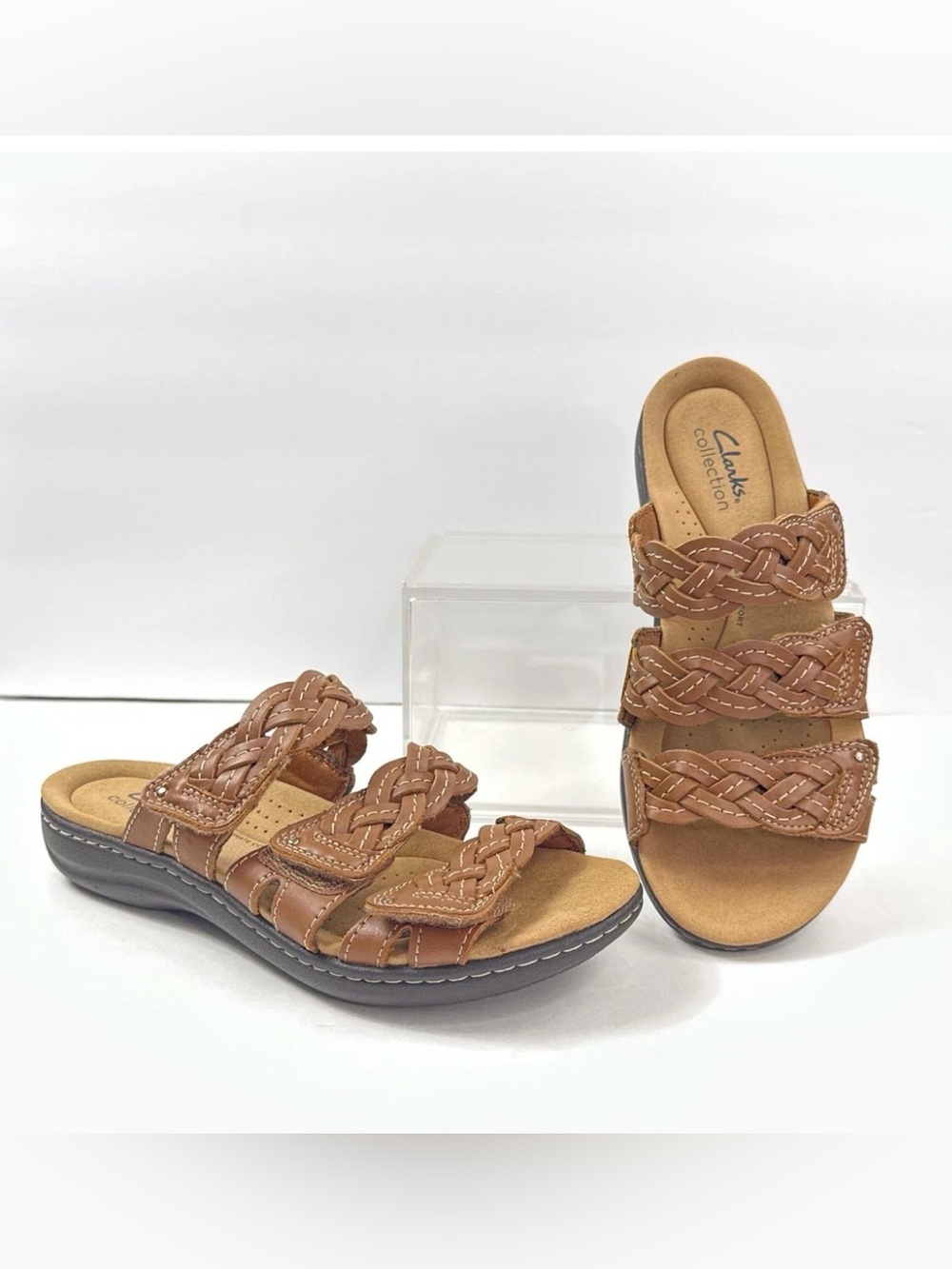Clarks Tan Braided Triple-Strap Slide Sandals Laurianne Rio size 6.5 Brown